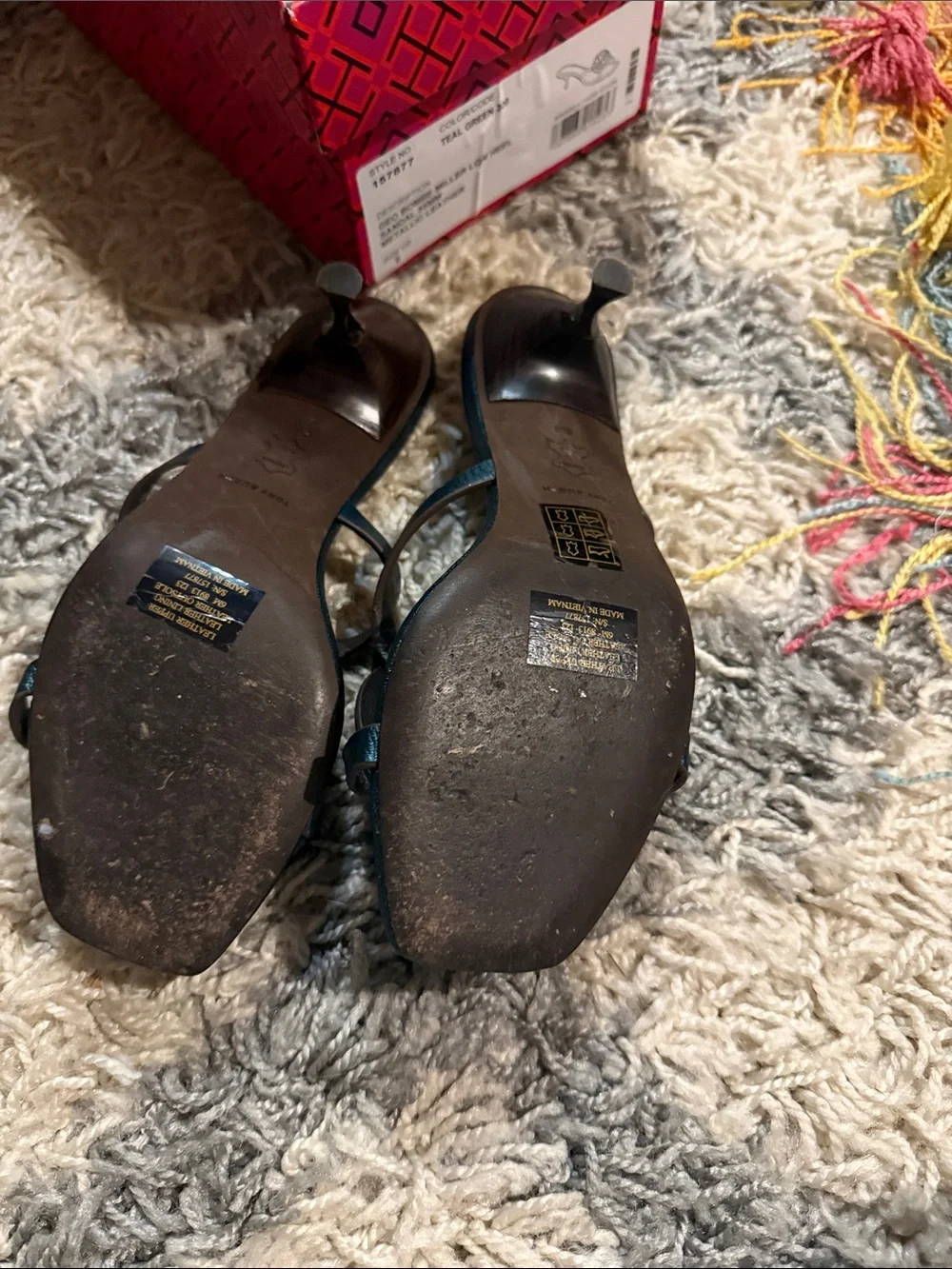 Tory Burch Teal Leather Logo Mid-Heel Mules